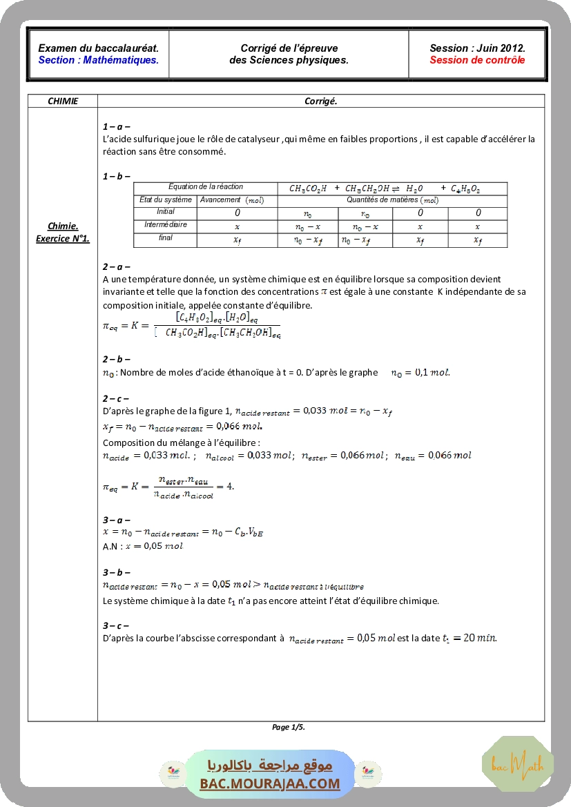 Corrigé controle physique Bac 2012 – Section math